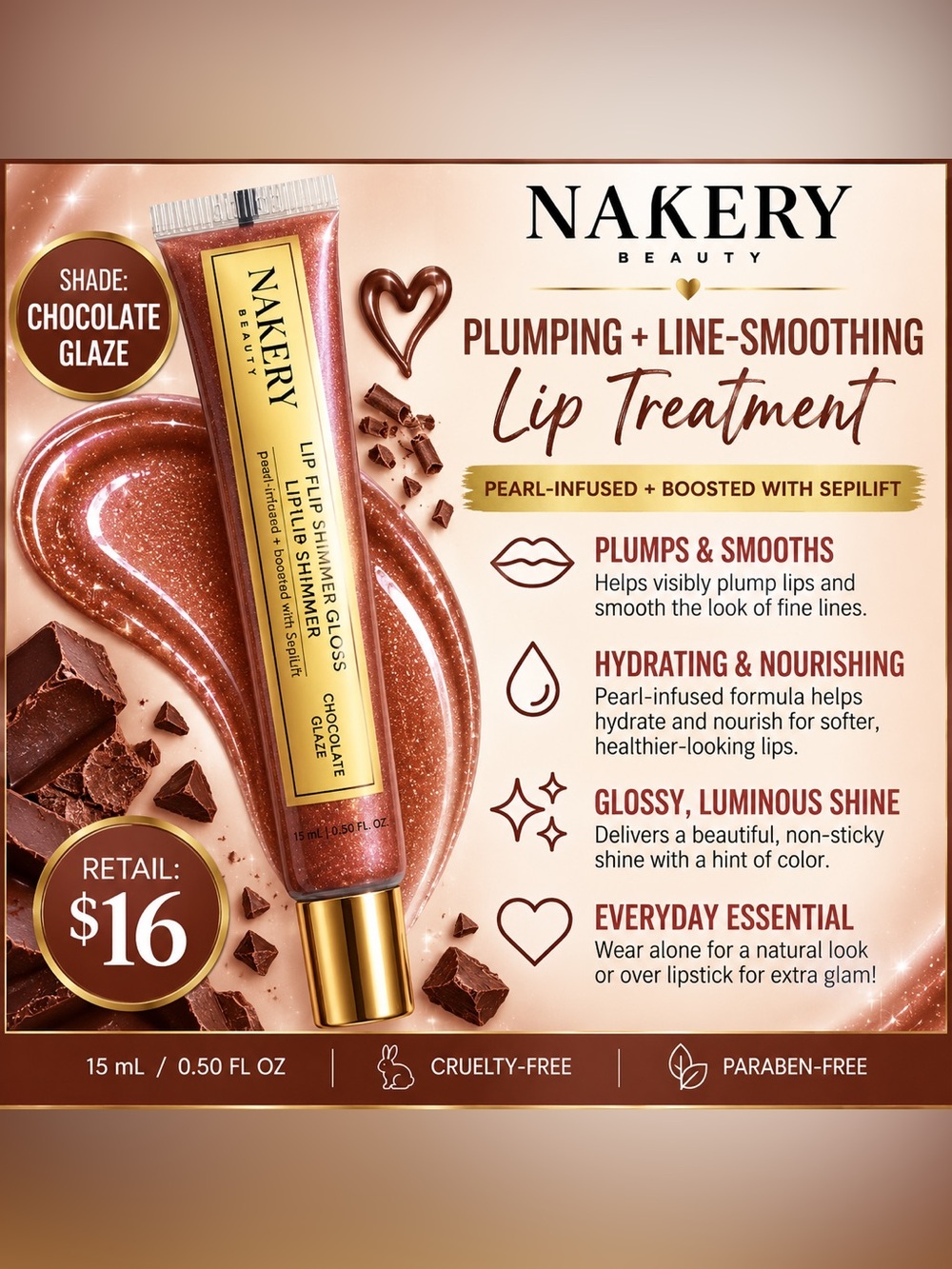 Nakery Beauty Lip Flip Shimmer Gloss – Chocolate Glaze – NEW